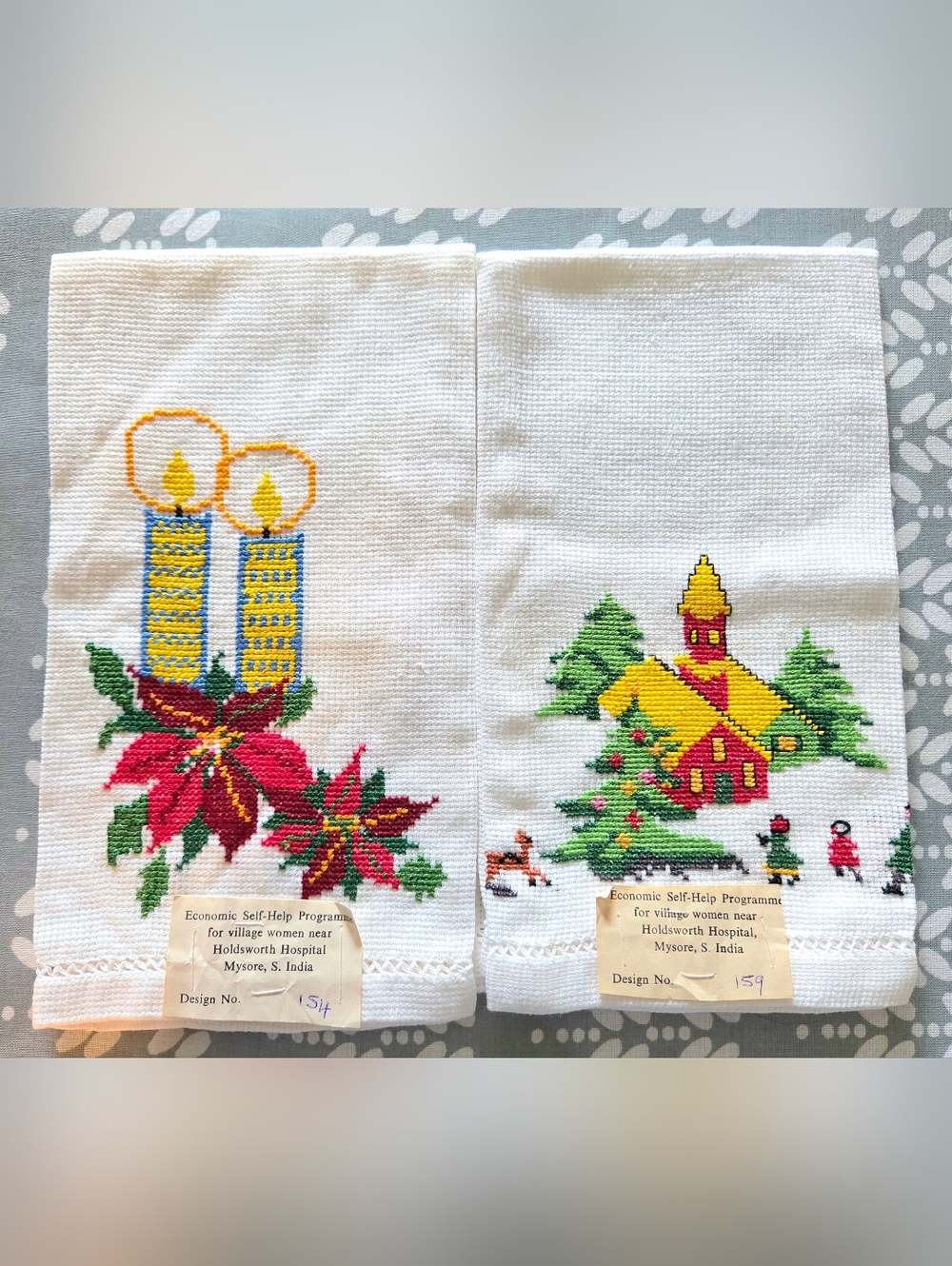 Vintage Embroidered Holiday Hand Tea Towels Cotton Christmas Candles Church NEW
